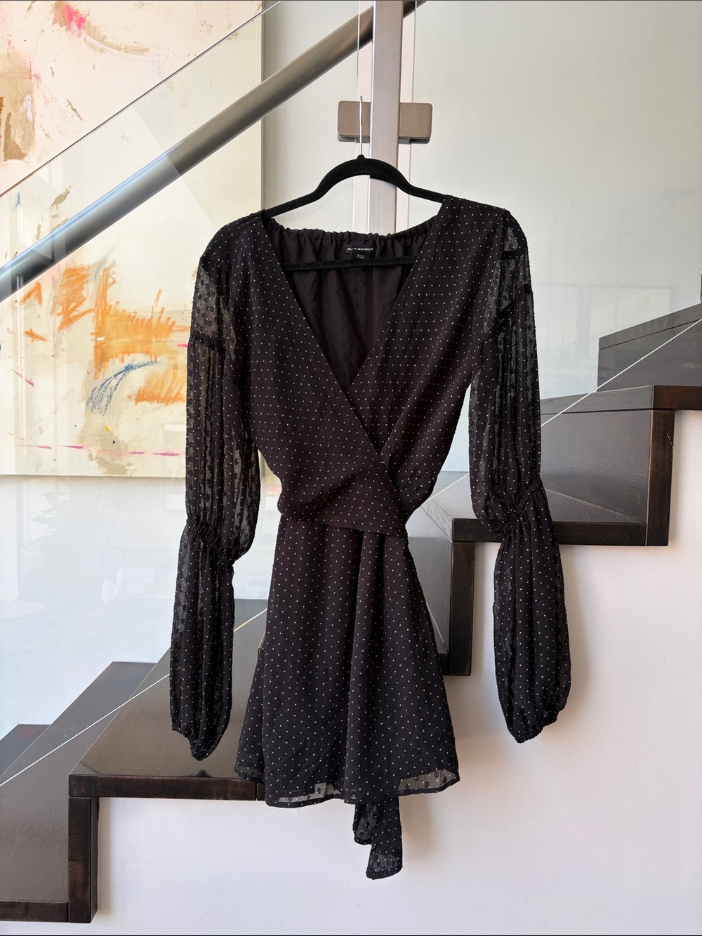 Club Monaco Womenβs Black Polka Dot Wrap Dress with Sheer Bishop Sleeves
